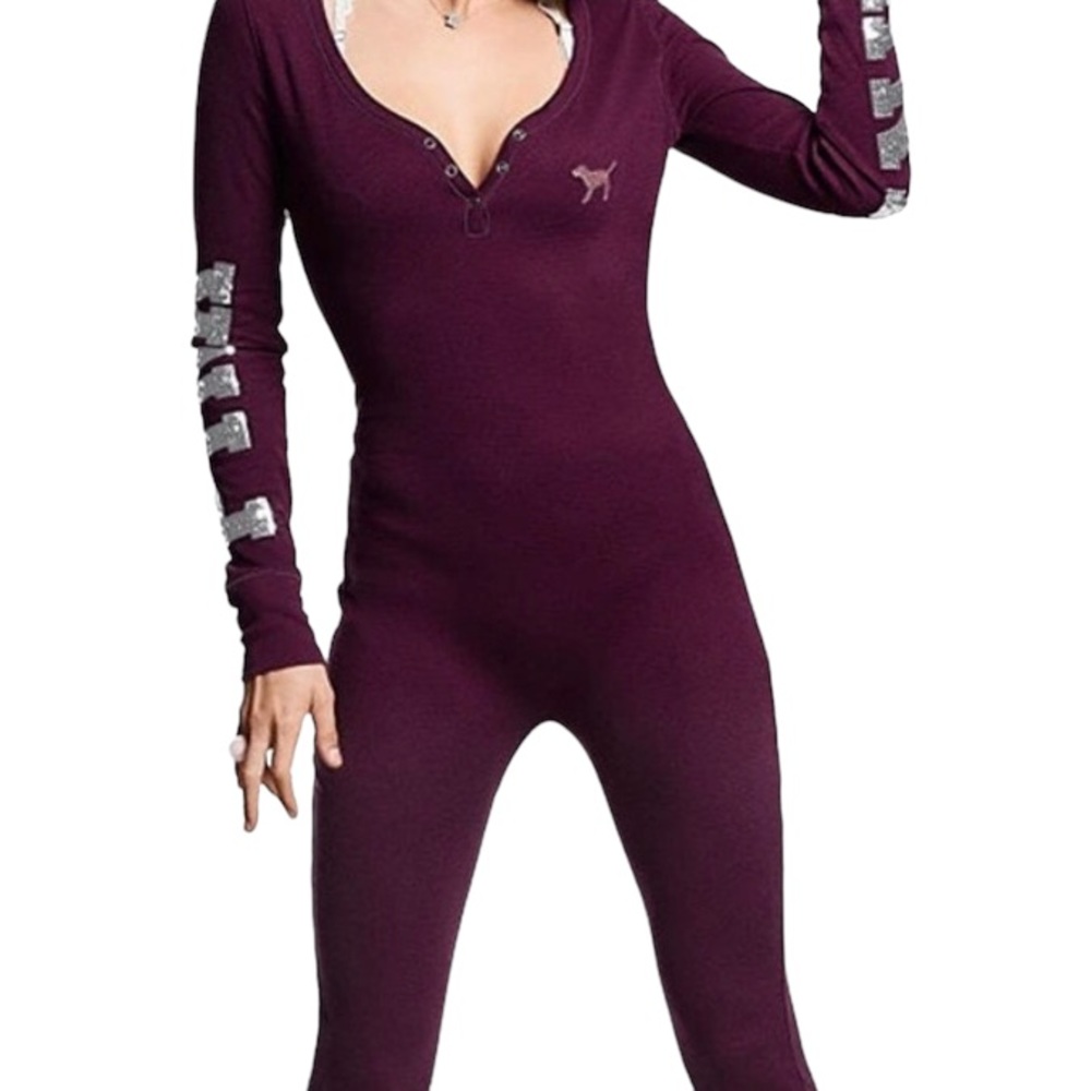 Victoria’s Secret PINK Naughty New Nice Burgundy Sequin Thermal Onesie L - Picture 3 of 13